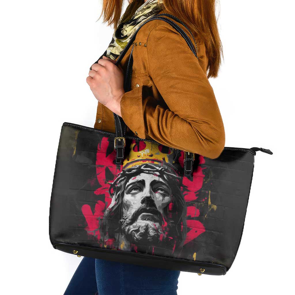 Jesus Graffiti Design Leather Tote Bag Crowned Portrait and Urban Street Art Style in Red Yellow Black Theme - Wonder Print Shop