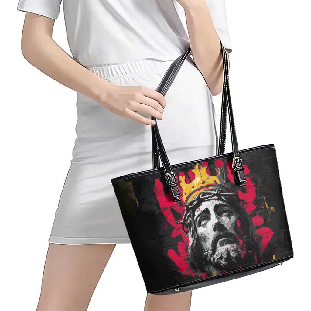 Jesus Graffiti Design Leather Tote Bag Crowned Portrait and Urban Street Art Style in Red Yellow Black Theme - Wonder Print Shop