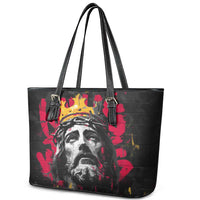 Jesus Graffiti Design Leather Tote Bag Crowned Portrait and Urban Street Art Style in Red Yellow Black Theme - Wonder Print Shop