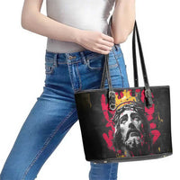 Jesus Graffiti Design Leather Tote Bag Crowned Portrait and Urban Street Art Style in Red Yellow Black Theme - Wonder Print Shop