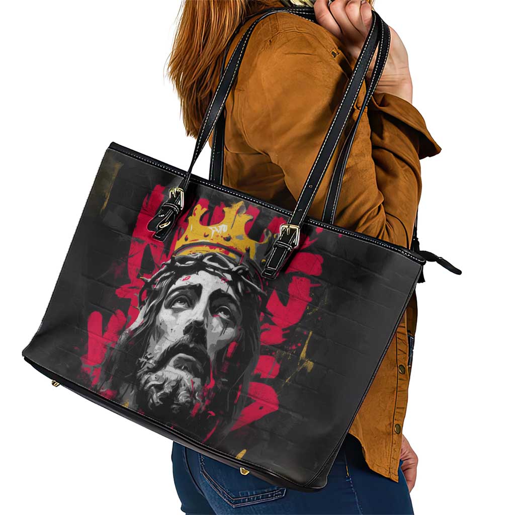 Jesus Graffiti Design Leather Tote Bag Crowned Portrait and Urban Street Art Style in Red Yellow Black Theme - Wonder Print Shop