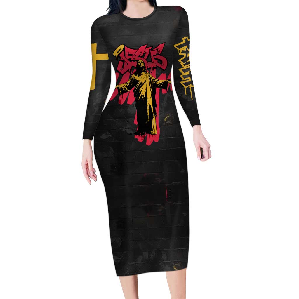 Jesus Graffiti Design Long Sleeve Bodycon Dress Crowned Portrait and Urban Street Art Style in Red Yellow Black Theme - Wonder Print Shop