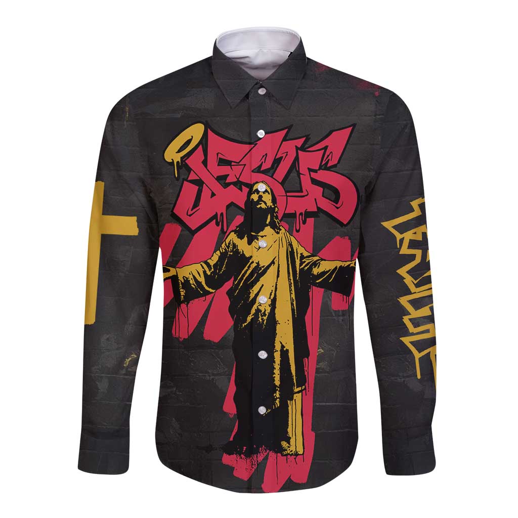 Jesus Graffiti Design Long Sleeve Button Shirt Crowned Portrait and Urban Street Art Style in Red Yellow Black Theme - Wonder Print Shop