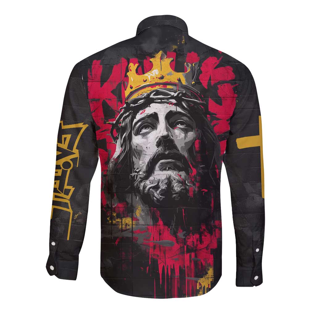 Jesus Graffiti Design Long Sleeve Button Shirt Crowned Portrait and Urban Street Art Style in Red Yellow Black Theme - Wonder Print Shop