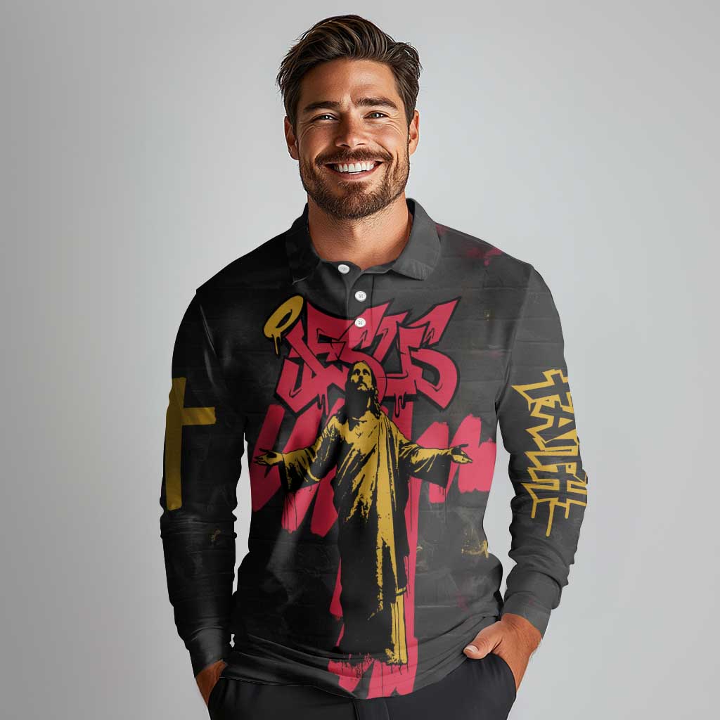 Jesus Graffiti Design Long Sleeve Polo Shirt Crowned Portrait and Urban Street Art Style in Red Yellow Black Theme - Wonder Print Shop
