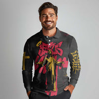 Jesus Graffiti Design Long Sleeve Polo Shirt Crowned Portrait and Urban Street Art Style in Red Yellow Black Theme - Wonder Print Shop