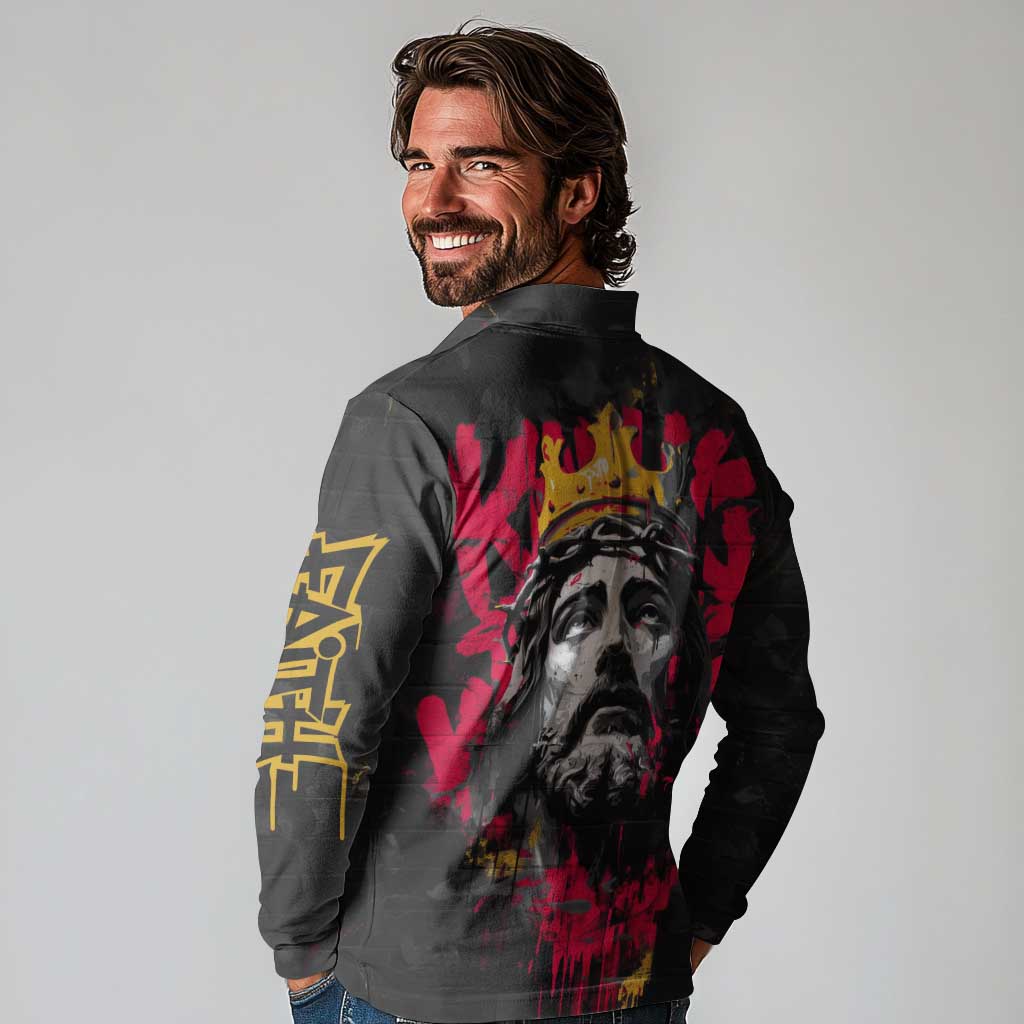 Jesus Graffiti Design Long Sleeve Polo Shirt Crowned Portrait and Urban Street Art Style in Red Yellow Black Theme - Wonder Print Shop