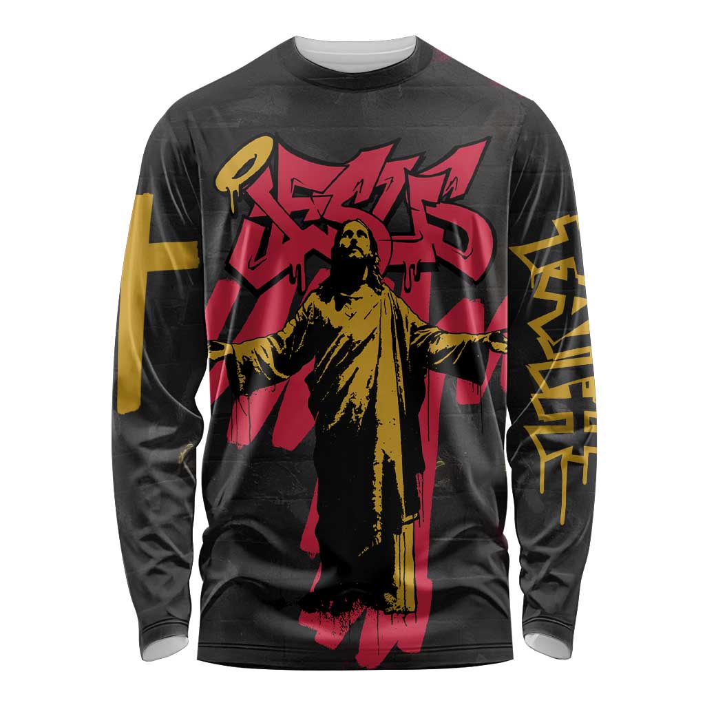 Jesus Graffiti Design Long Sleeve Shirt Crowned Portrait and Urban Street Art Style in Red Yellow Black Theme - Wonder Print Shop