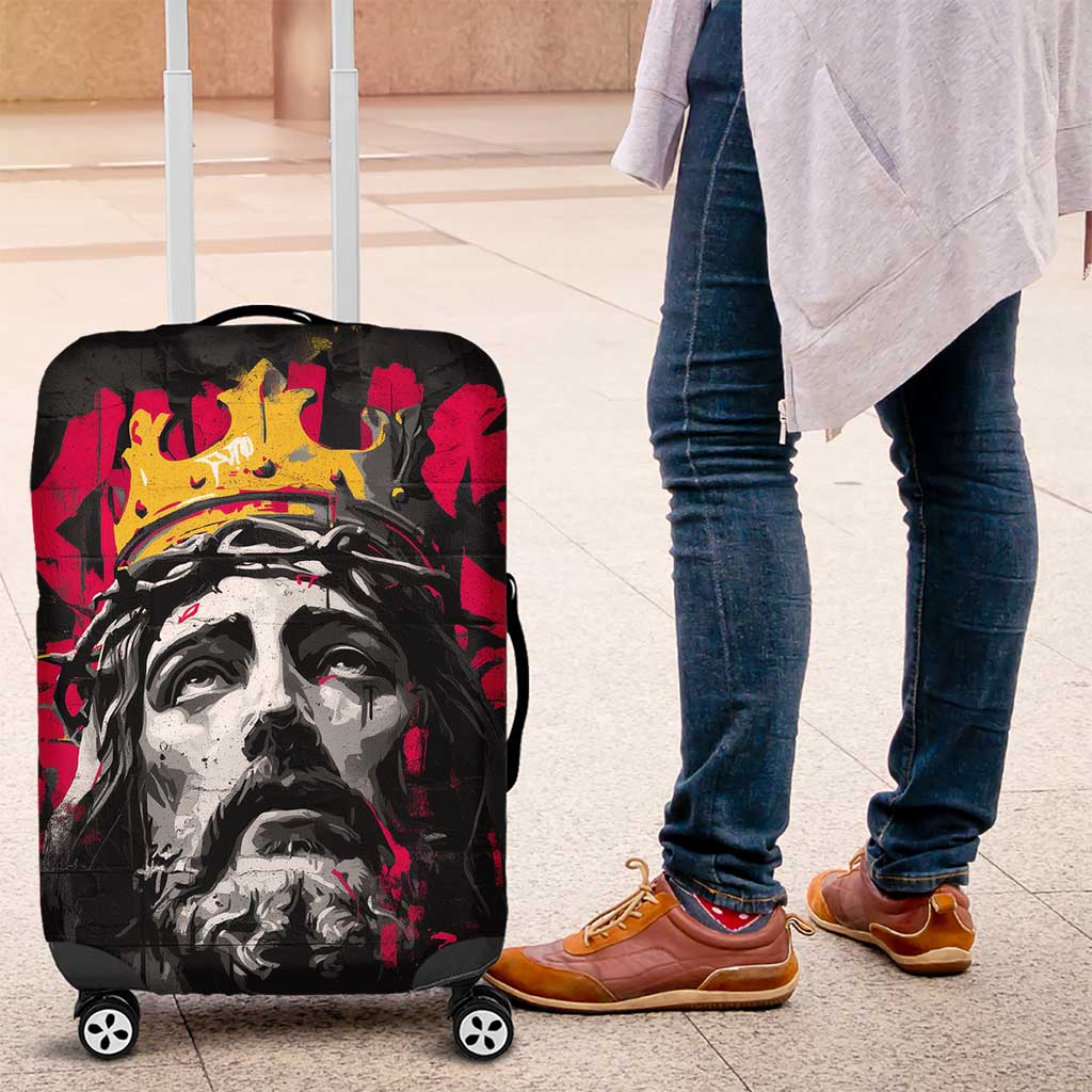 Jesus Graffiti Design Luggage Cover Crowned Portrait and Urban Street Art Style in Red Yellow Black Theme - Wonder Print Shop