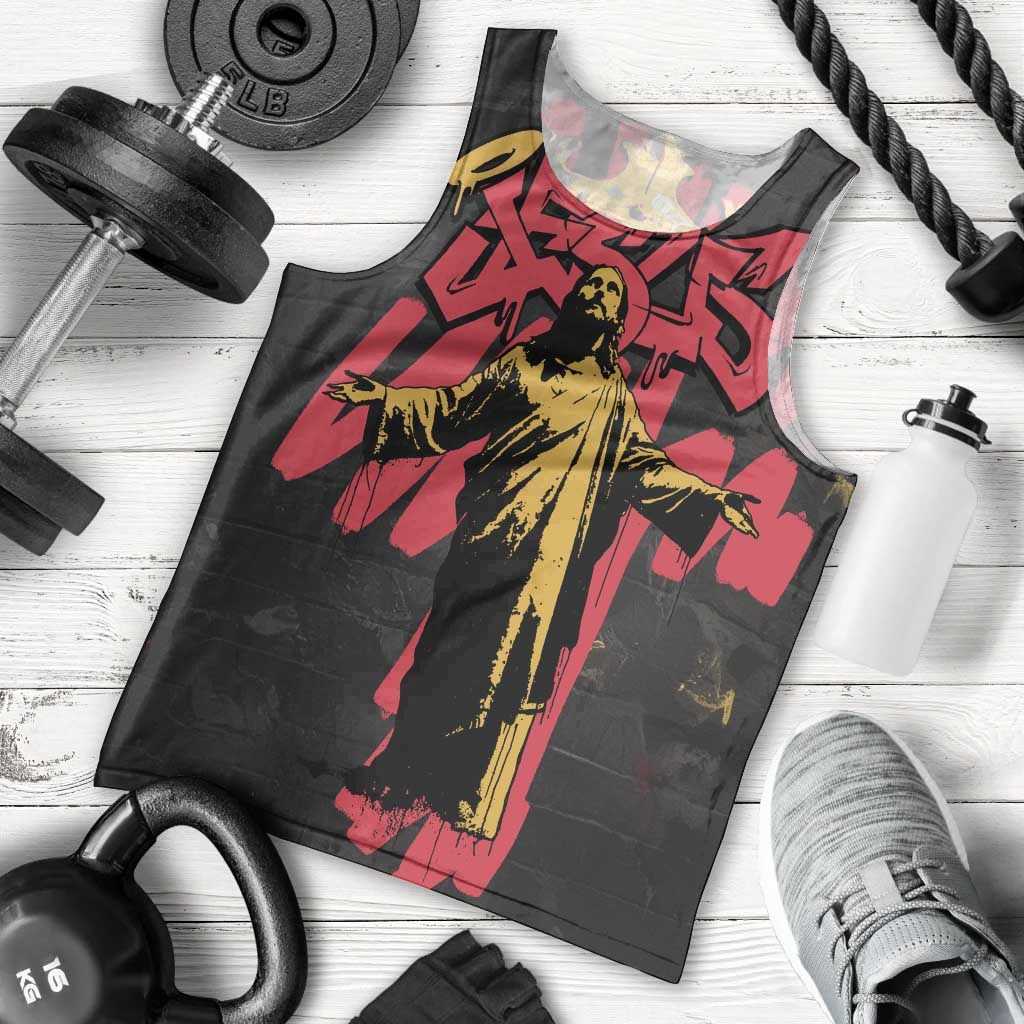 Jesus Graffiti Design Men Tank Top Crowned Portrait and Urban Street Art Style in Red Yellow Black Theme - Wonder Print Shop