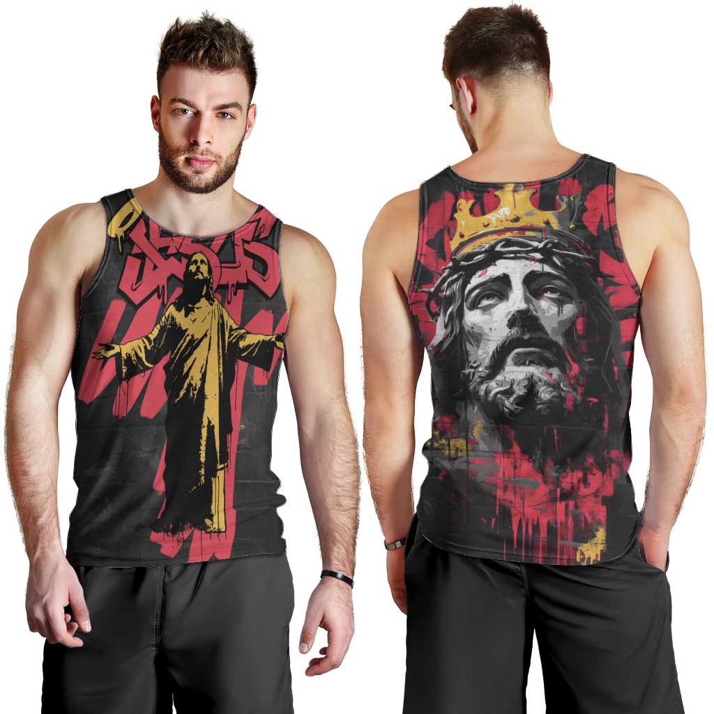 Jesus Graffiti Design Men Tank Top Crowned Portrait and Urban Street Art Style in Red Yellow Black Theme - Wonder Print Shop