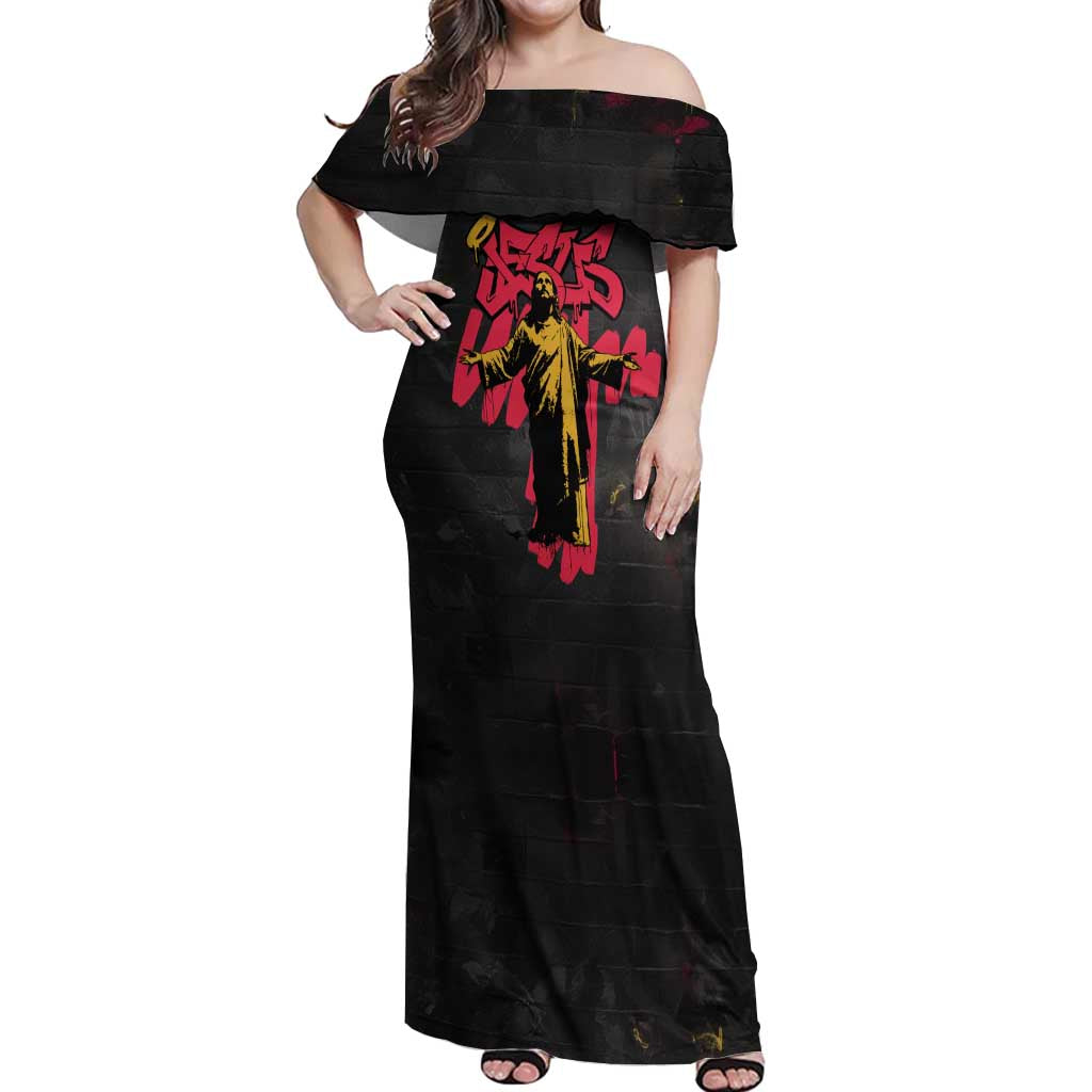 Jesus Graffiti Design Off Shoulder Maxi Dress Crowned Portrait and Urban Street Art Style in Red Yellow Black Theme - Wonder Print Shop