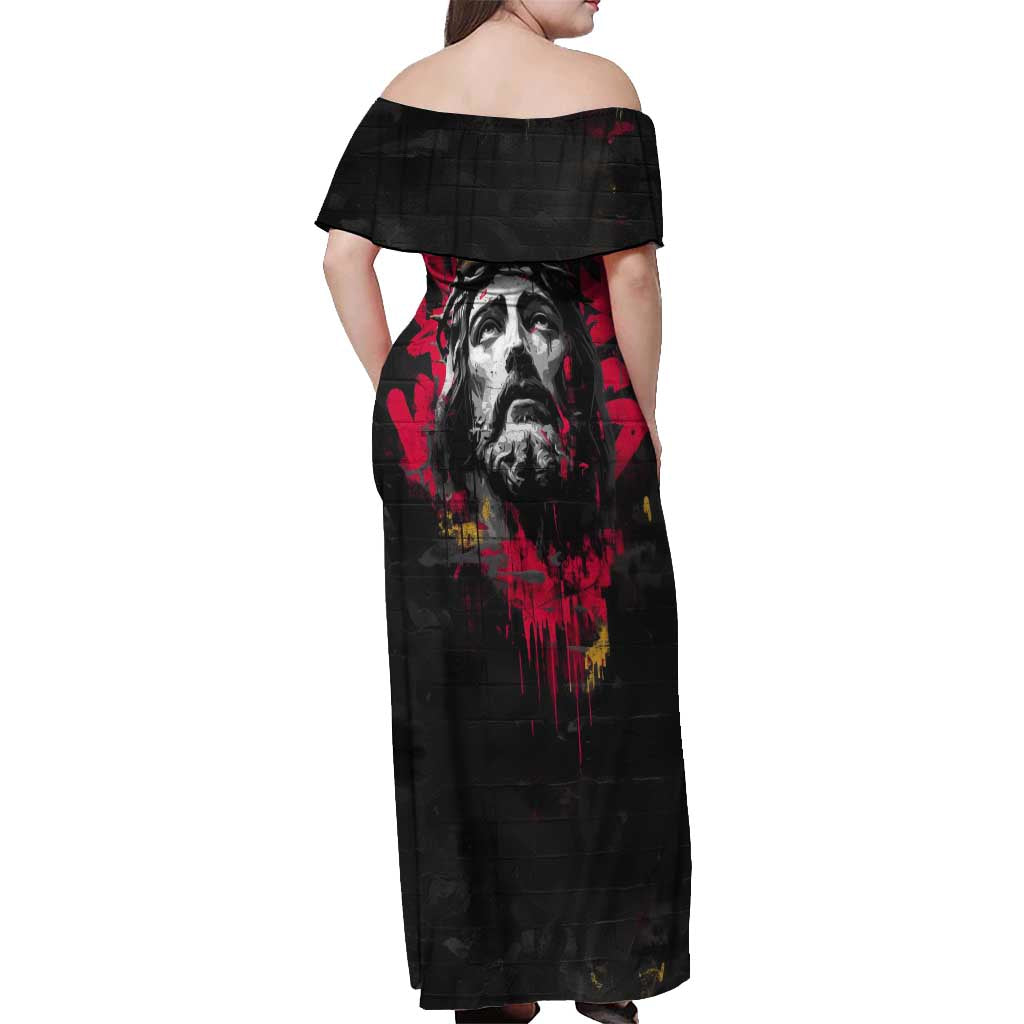 Jesus Graffiti Design Off Shoulder Maxi Dress Crowned Portrait and Urban Street Art Style in Red Yellow Black Theme - Wonder Print Shop
