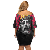 Jesus Graffiti Design Off Shoulder Short Dress Crowned Portrait and Urban Street Art Style in Red Yellow Black Theme - Wonder Print Shop