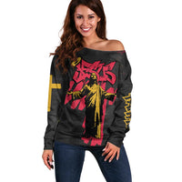Jesus Graffiti Design Off Shoulder Sweater Crowned Portrait and Urban Street Art Style in Red Yellow Black Theme - Wonder Print Shop