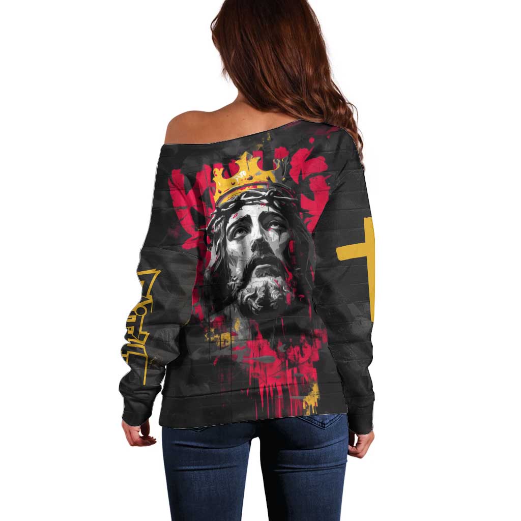 Jesus Graffiti Design Off Shoulder Sweater Crowned Portrait and Urban Street Art Style in Red Yellow Black Theme - Wonder Print Shop