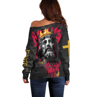 Jesus Graffiti Design Off Shoulder Sweater Crowned Portrait and Urban Street Art Style in Red Yellow Black Theme - Wonder Print Shop