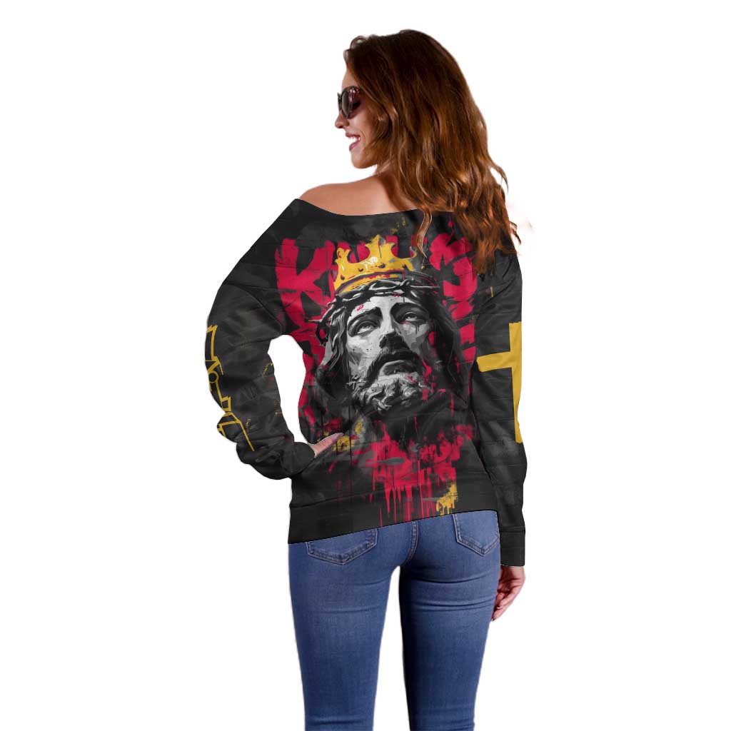 Jesus Graffiti Design Off Shoulder Sweater Crowned Portrait and Urban Street Art Style in Red Yellow Black Theme - Wonder Print Shop