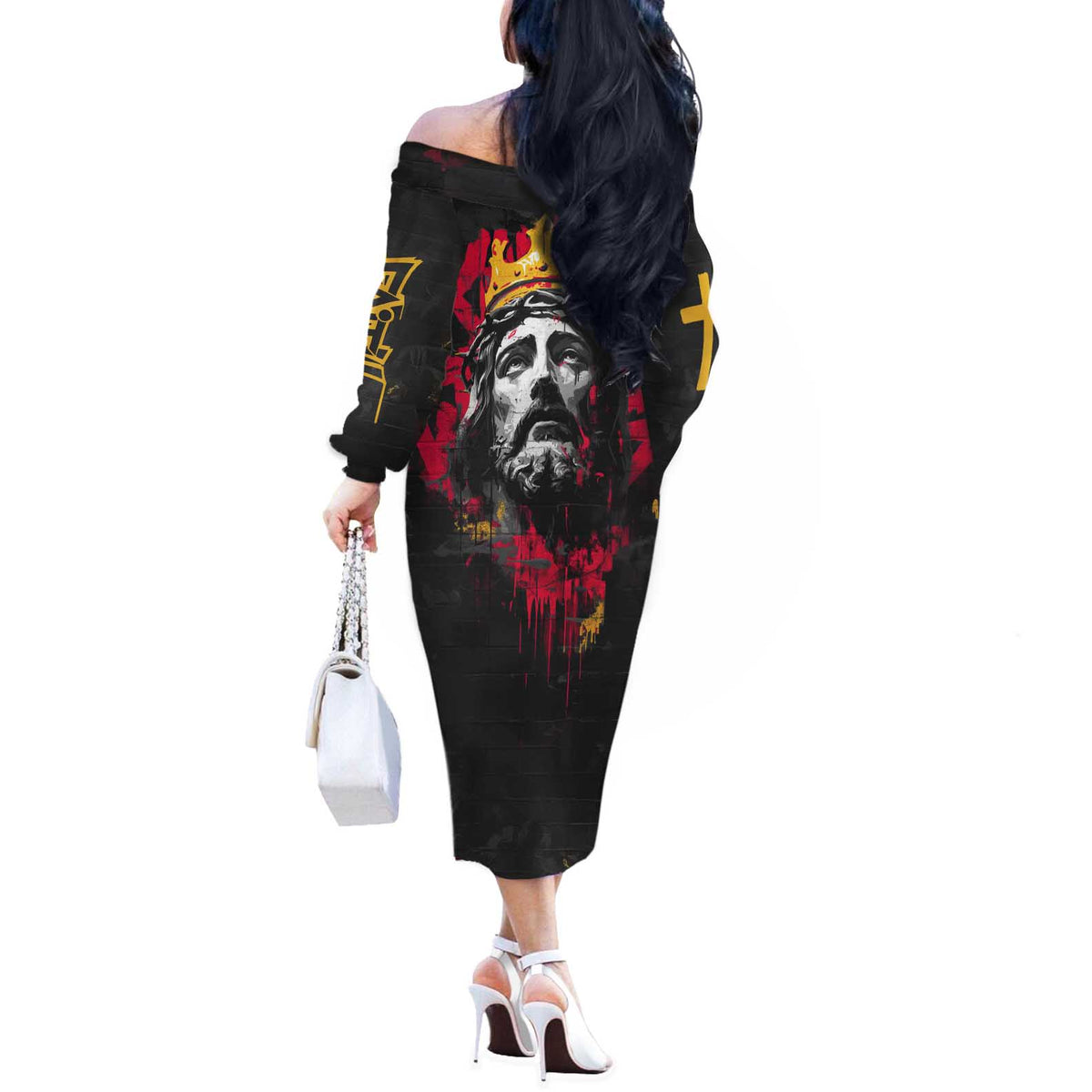 Jesus Graffiti Design Off The Shoulder Long Sleeve Dress Crowned Portrait and Urban Street Art Style in Red Yellow Black Theme - Wonder Print Shop