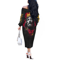 Jesus Graffiti Design Off The Shoulder Long Sleeve Dress Crowned Portrait and Urban Street Art Style in Red Yellow Black Theme - Wonder Print Shop