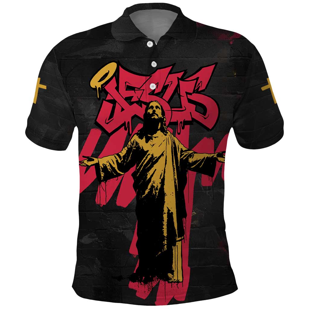 Jesus Graffiti Design Polo Shirt Crowned Portrait and Urban Street Art Style in Red Yellow Black Theme - Wonder Print Shop
