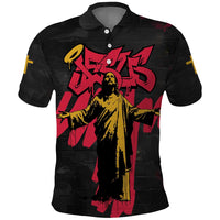 Jesus Graffiti Design Polo Shirt Crowned Portrait and Urban Street Art Style in Red Yellow Black Theme - Wonder Print Shop