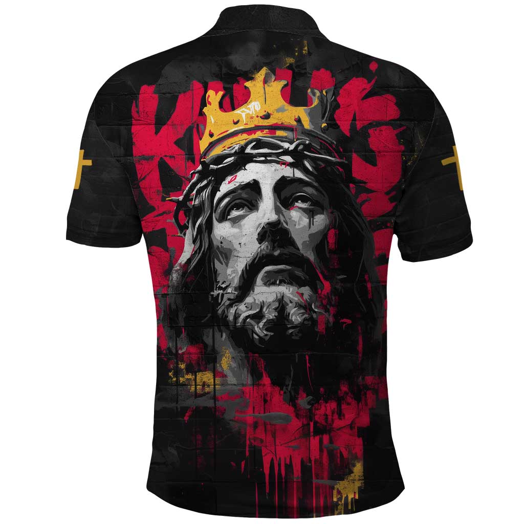 Jesus Graffiti Design Polo Shirt Crowned Portrait and Urban Street Art Style in Red Yellow Black Theme - Wonder Print Shop