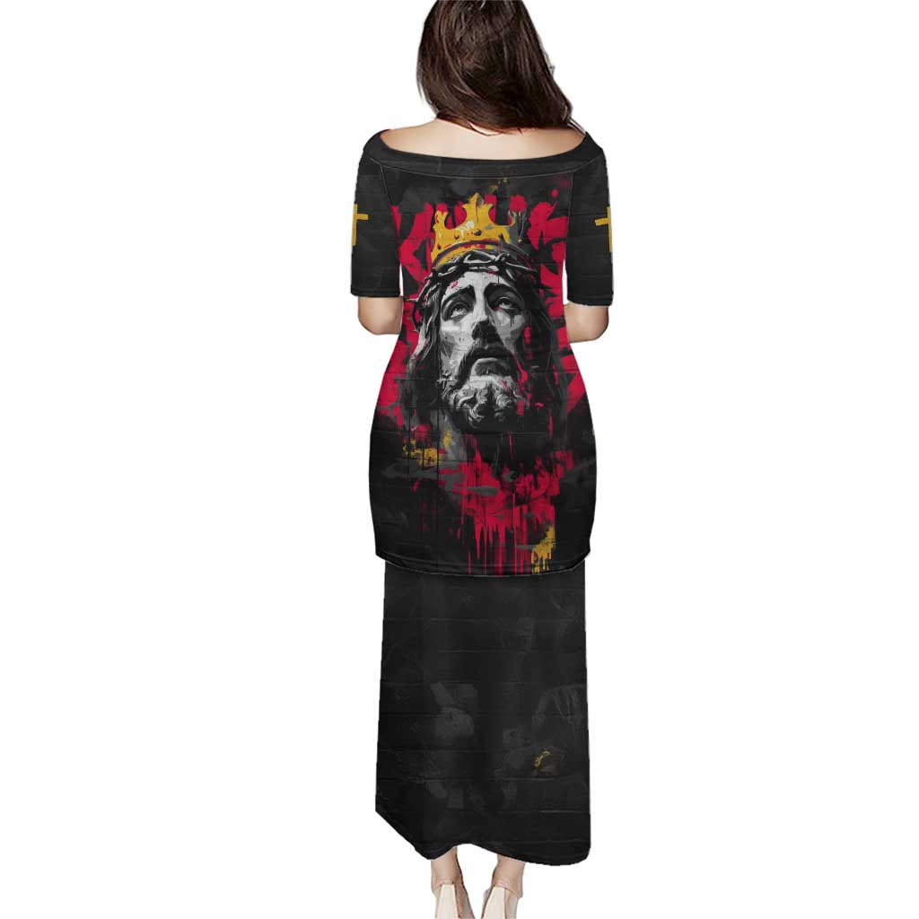 Jesus Graffiti Design Puletasi Crowned Portrait and Urban Street Art Style in Red Yellow Black Theme - Wonder Print Shop