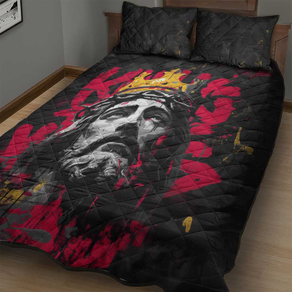 Jesus Graffiti Design Quilt Bed Set Crowned Portrait and Urban Street Art Style in Red Yellow Black Theme - Wonder Print Shop