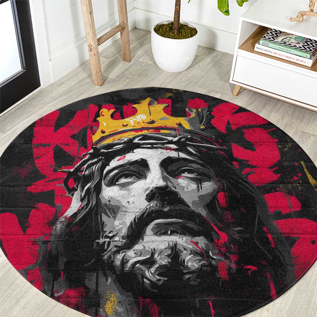 Jesus Graffiti Design Round Carpet Crowned Portrait and Urban Street Art Style in Red Yellow Black Theme - Wonder Print Shop