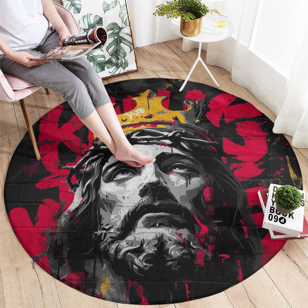 Jesus Graffiti Design Round Carpet Crowned Portrait and Urban Street Art Style in Red Yellow Black Theme - Wonder Print Shop