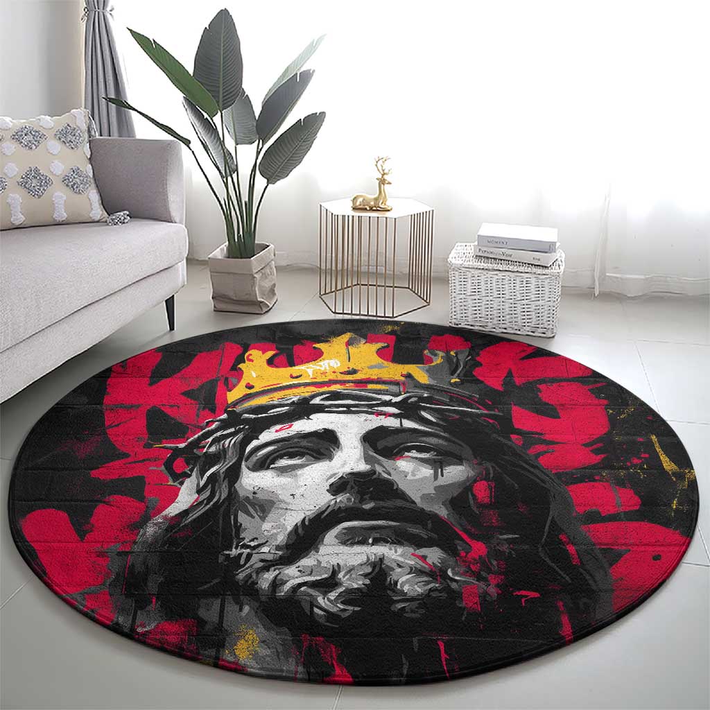 Jesus Graffiti Design Round Carpet Crowned Portrait and Urban Street Art Style in Red Yellow Black Theme - Wonder Print Shop