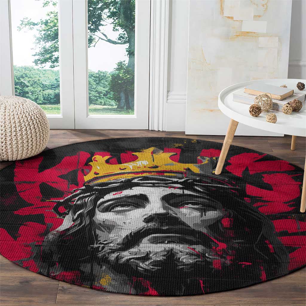 Jesus Graffiti Design Round Carpet Crowned Portrait and Urban Street Art Style in Red Yellow Black Theme - Wonder Print Shop