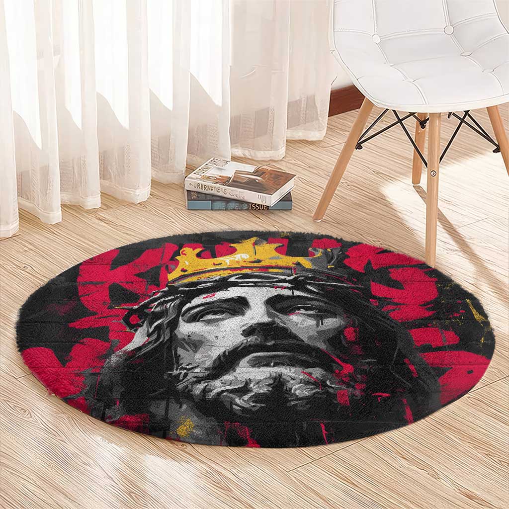 Jesus Graffiti Design Round Carpet Crowned Portrait and Urban Street Art Style in Red Yellow Black Theme - Wonder Print Shop