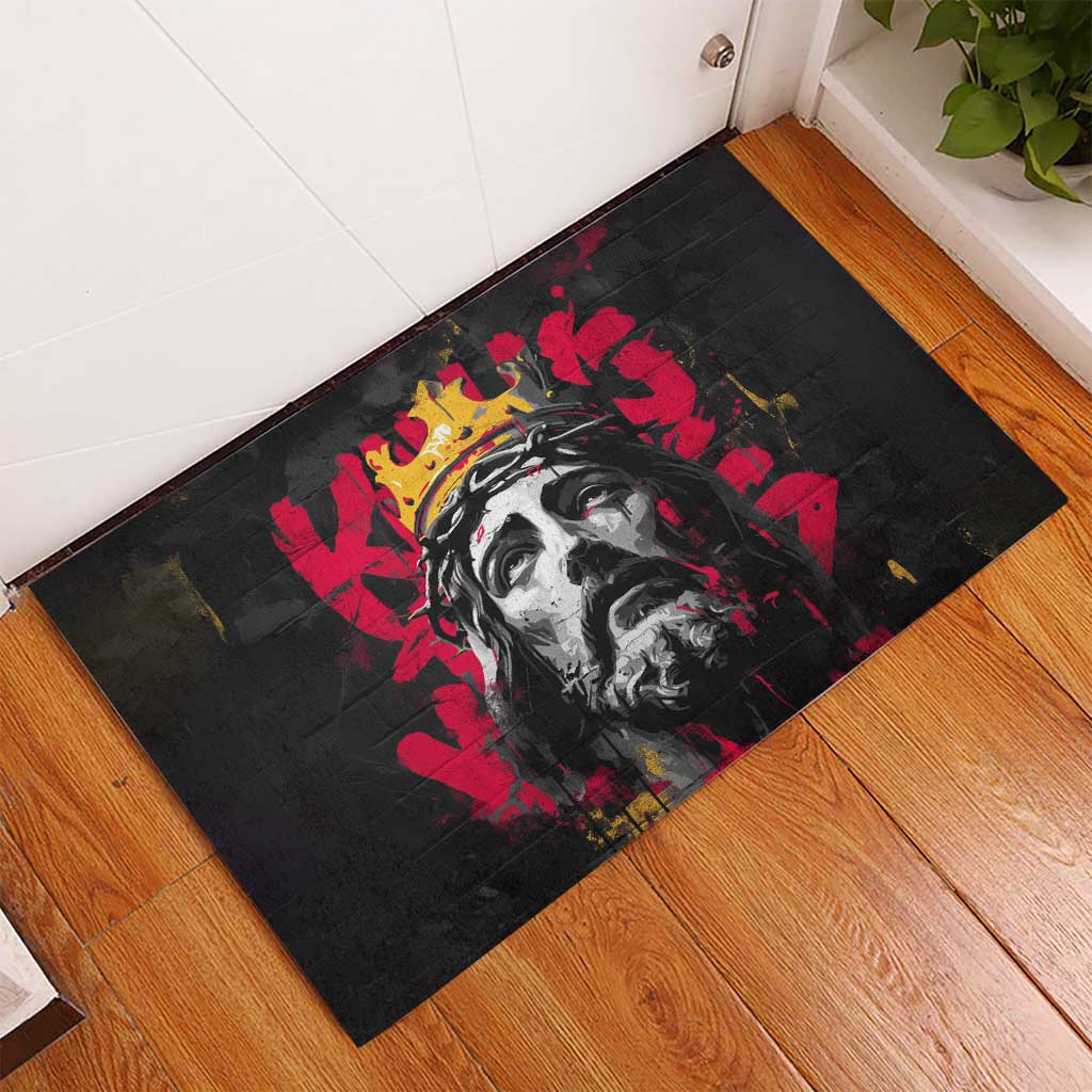 Jesus Graffiti Design Rubber Doormat Crowned Portrait and Urban Street Art Style in Red Yellow Black Theme - Wonder Print Shop