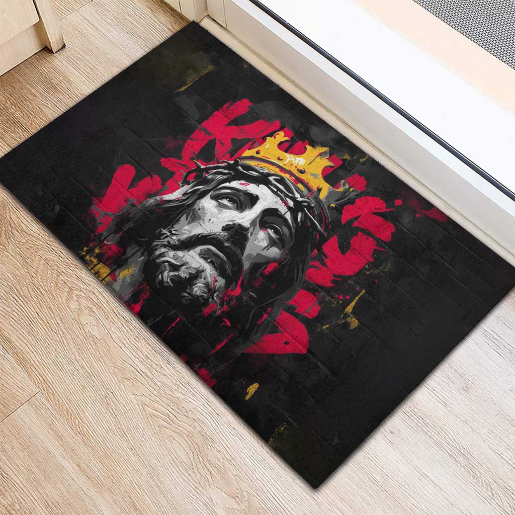 Jesus Graffiti Design Rubber Doormat Crowned Portrait and Urban Street Art Style in Red Yellow Black Theme - Wonder Print Shop