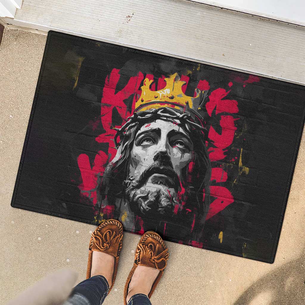 Jesus Graffiti Design Rubber Doormat Crowned Portrait and Urban Street Art Style in Red Yellow Black Theme - Wonder Print Shop