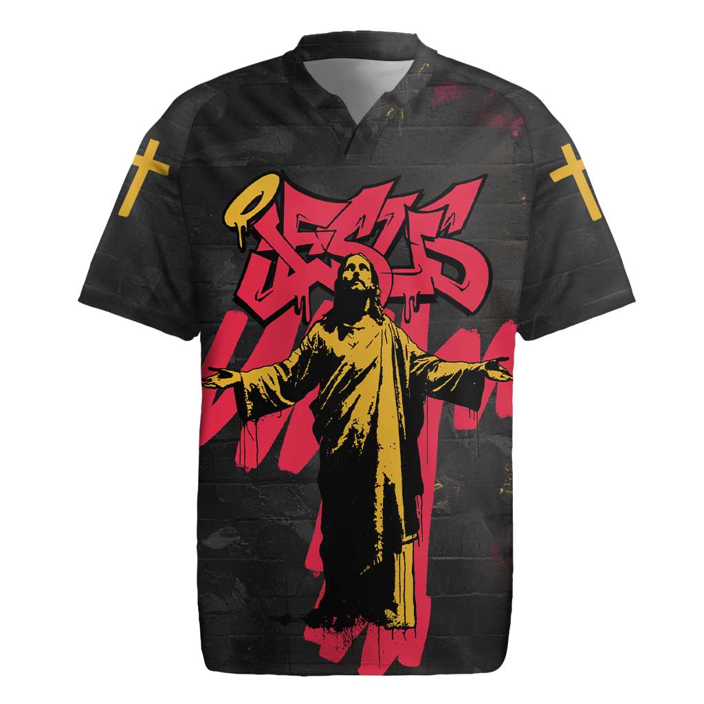 Jesus Graffiti Design Rugby Jersey Crowned Portrait and Urban Street Art Style in Red Yellow Black Theme - Wonder Print Shop