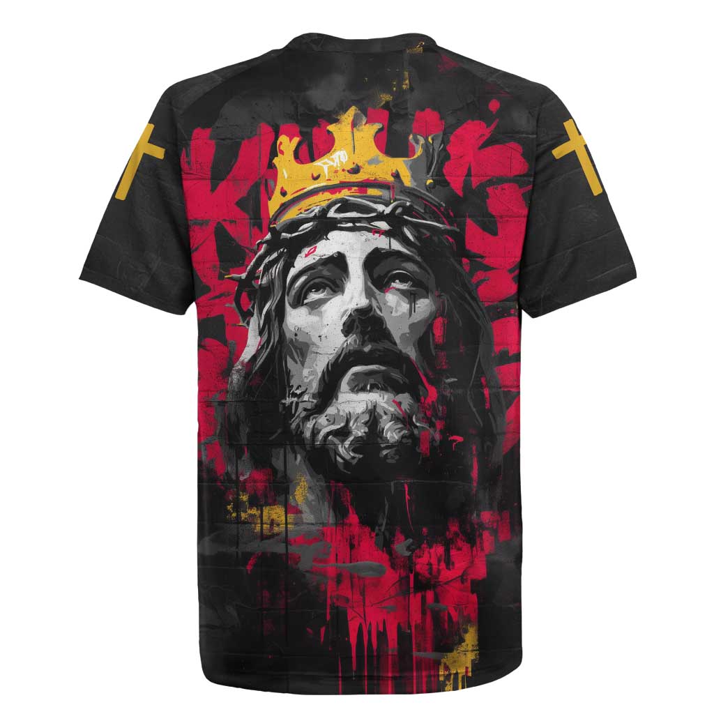 Jesus Graffiti Design Rugby Jersey Crowned Portrait and Urban Street Art Style in Red Yellow Black Theme - Wonder Print Shop
