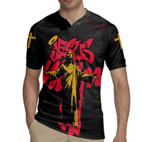 Jesus Graffiti Design Rugby Jersey Crowned Portrait and Urban Street Art Style in Red Yellow Black Theme - Wonder Print Shop