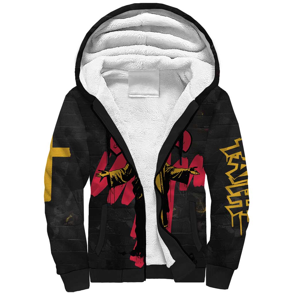 Jesus Graffiti Design Sherpa Hoodie Crowned Portrait and Urban Street Art Style in Red Yellow Black Theme - Wonder Print Shop