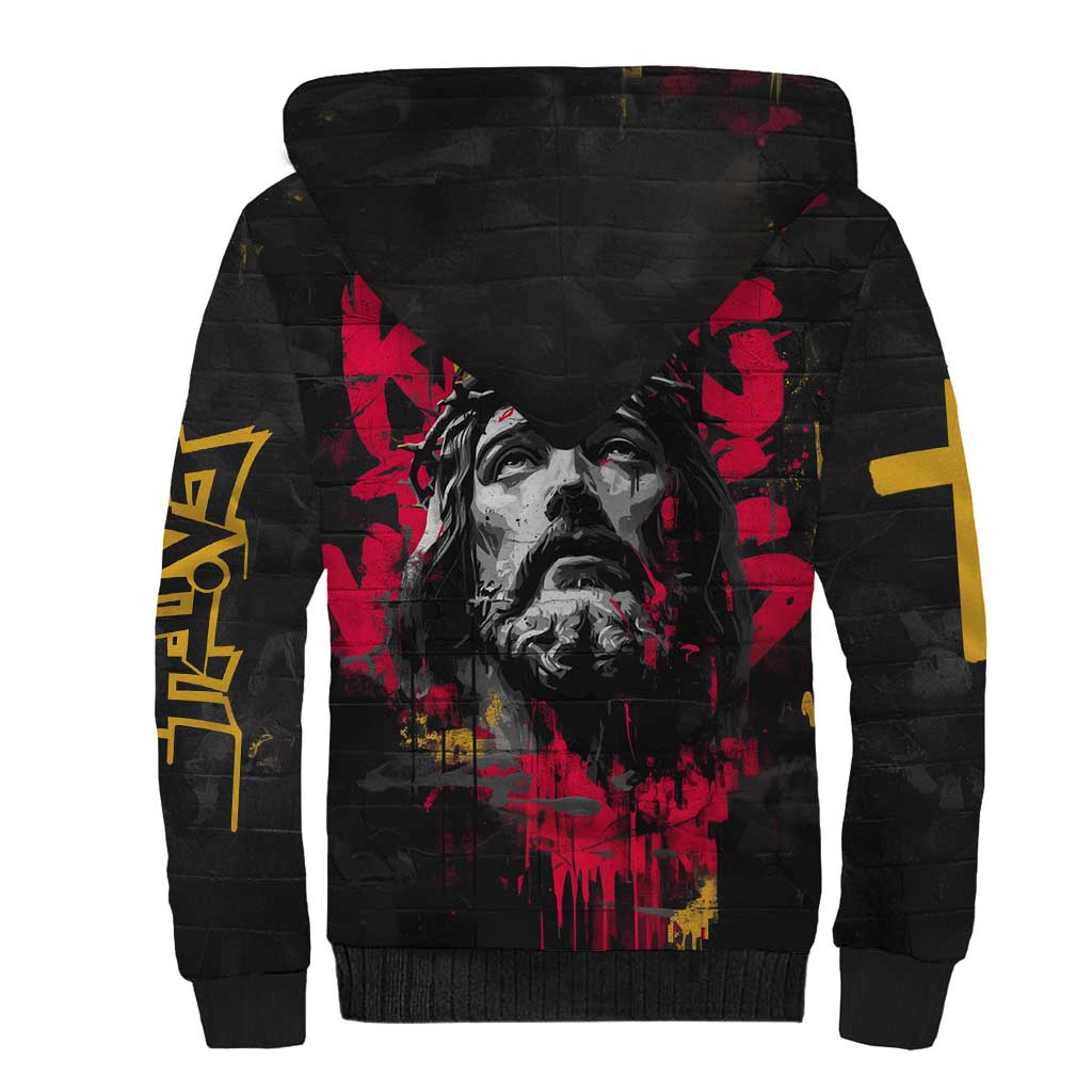 Jesus Graffiti Design Sherpa Hoodie Crowned Portrait and Urban Street Art Style in Red Yellow Black Theme - Wonder Print Shop