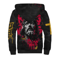 Jesus Graffiti Design Sherpa Hoodie Crowned Portrait and Urban Street Art Style in Red Yellow Black Theme - Wonder Print Shop