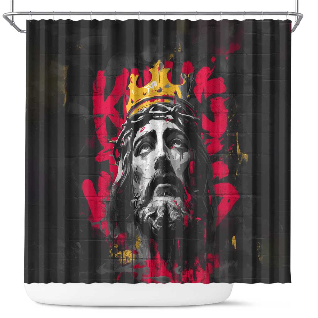 Jesus Graffiti Design Shower Curtain Crowned Portrait and Urban Street Art Style in Red Yellow Black Theme - Wonder Print Shop
