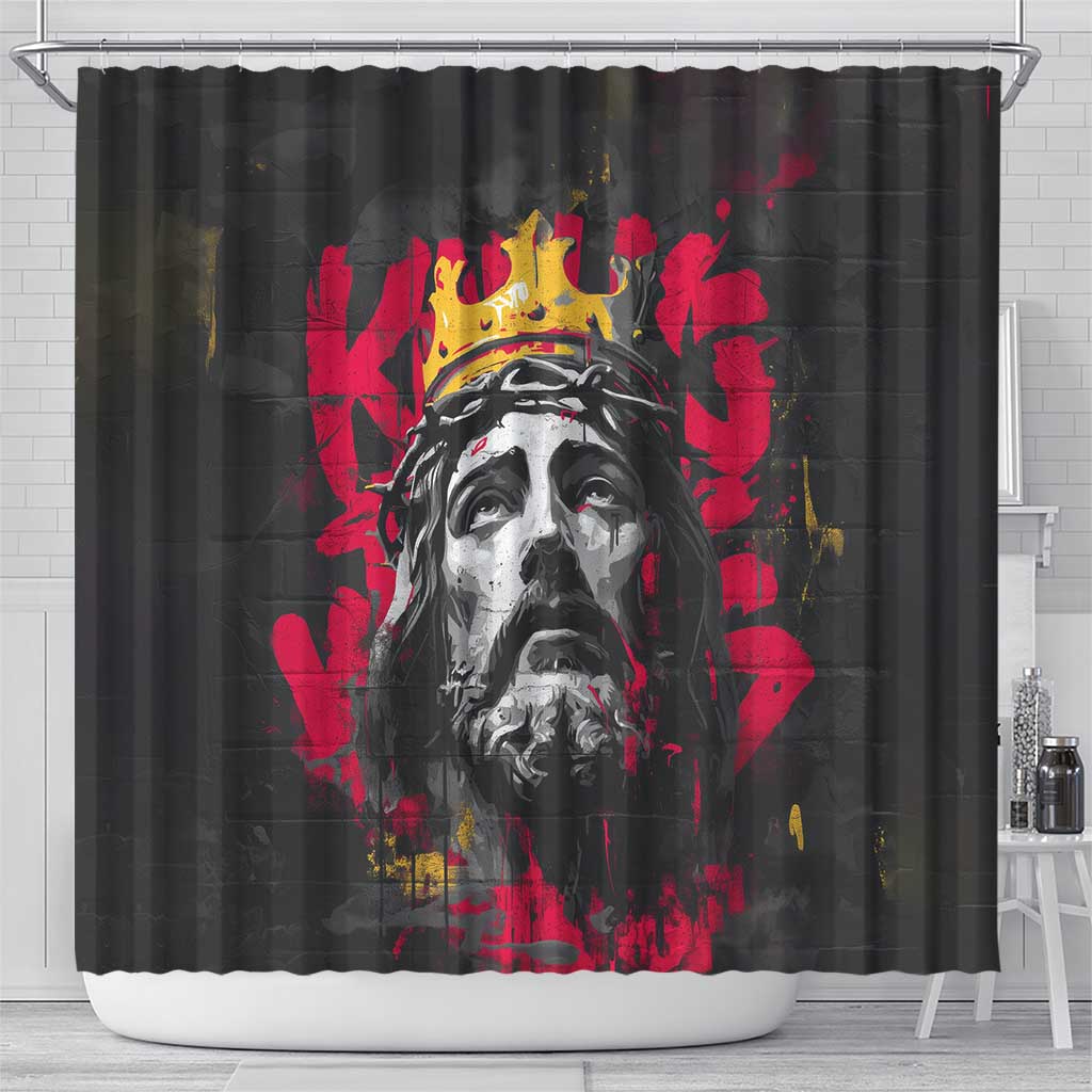 Jesus Graffiti Design Shower Curtain Crowned Portrait and Urban Street Art Style in Red Yellow Black Theme - Wonder Print Shop