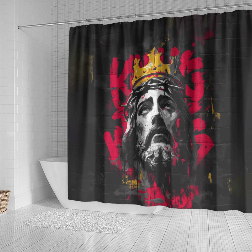 Jesus Graffiti Design Shower Curtain Crowned Portrait and Urban Street Art Style in Red Yellow Black Theme - Wonder Print Shop