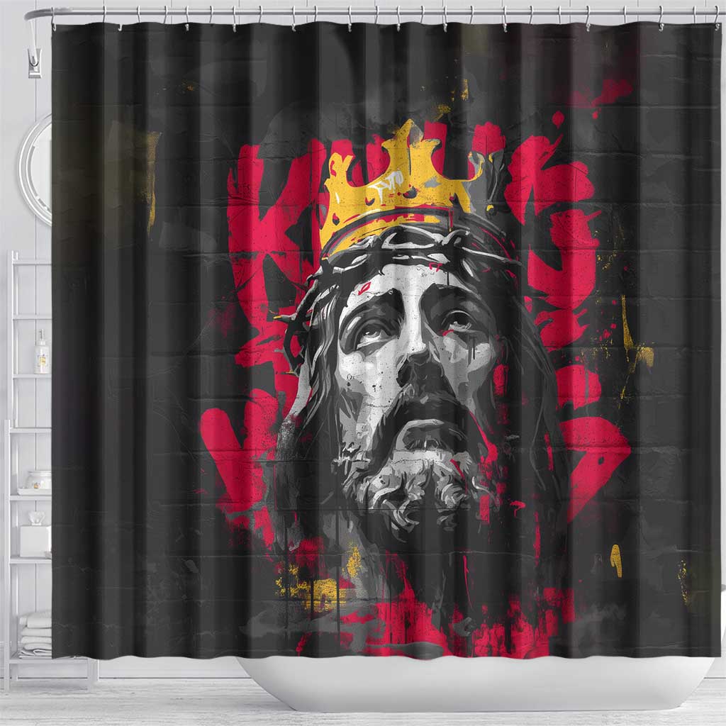 Jesus Graffiti Design Shower Curtain Crowned Portrait and Urban Street Art Style in Red Yellow Black Theme - Wonder Print Shop