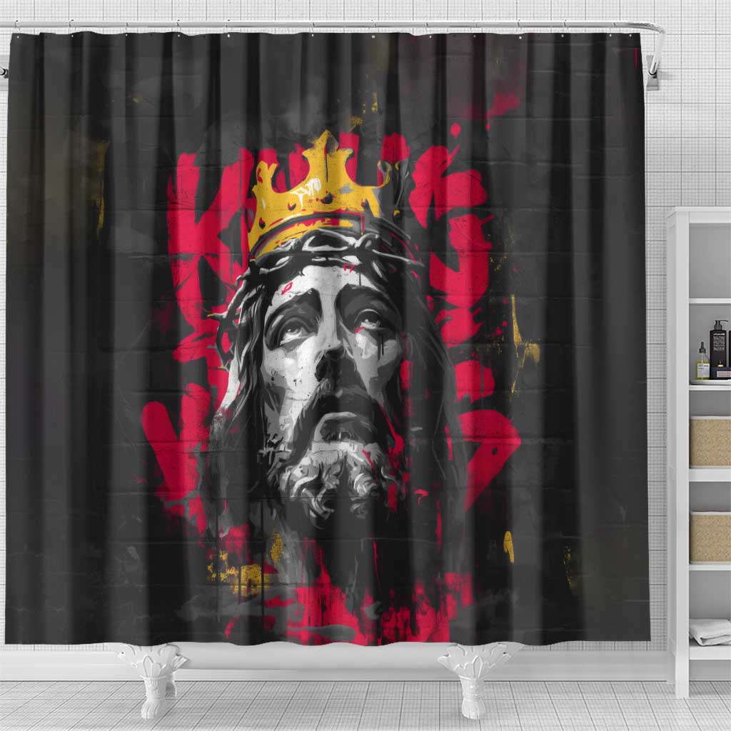 Jesus Graffiti Design Shower Curtain Crowned Portrait and Urban Street Art Style in Red Yellow Black Theme - Wonder Print Shop