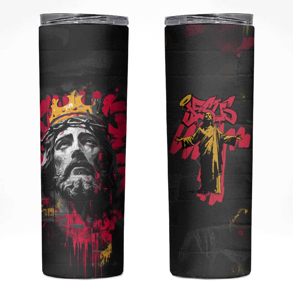 Jesus Graffiti Design Skinny Tumbler Crowned Portrait and Urban Street Art Style in Red Yellow Black Theme - Wonder Print Shop
