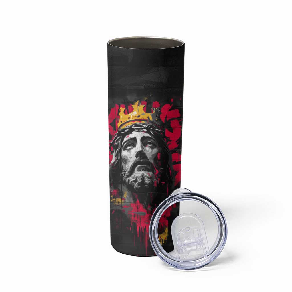 Jesus Graffiti Design Skinny Tumbler Crowned Portrait and Urban Street Art Style in Red Yellow Black Theme - Wonder Print Shop